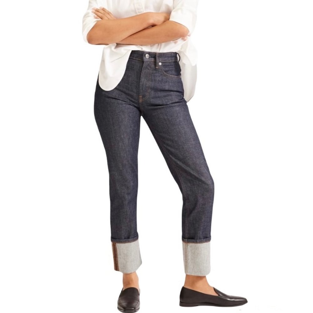 Everlane High Rise Straight Leg Dark Denim Jeans, Size 32